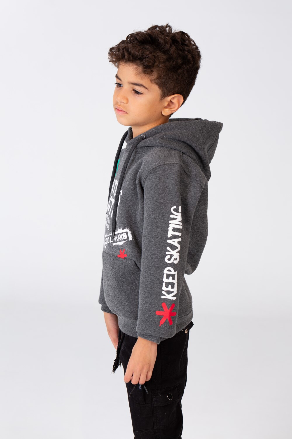 Boy's Printed Hoodie Sweatshirt With A kangaroo Pocket On The Front In Melton Material