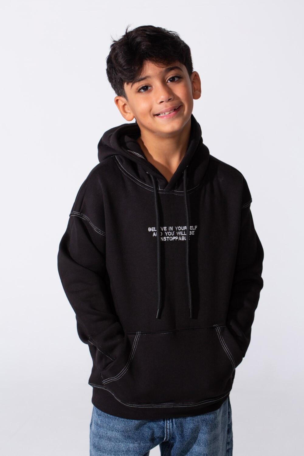 Boy's Milton Oversized Hood Sweatshirt With Text Print On The Front Long Sleeves