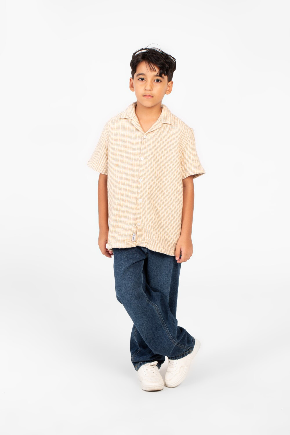 Boy's Tomato Linen Short Sleeve Shirt In Modern Design Beige