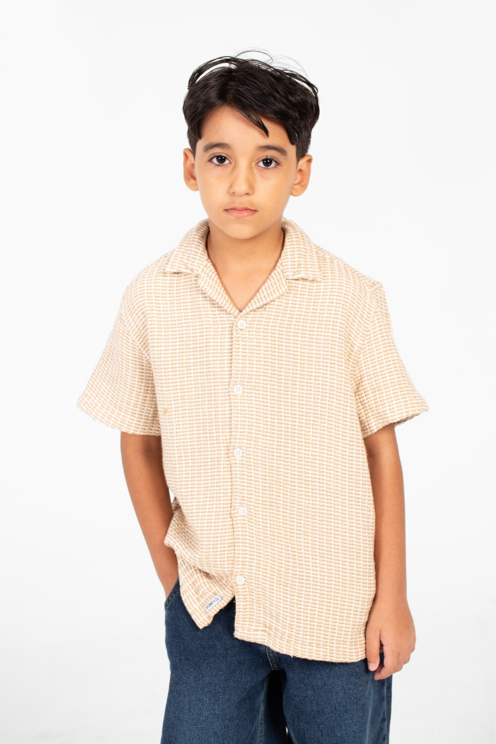 Boy's Tomato Linen Short Sleeve Shirt In Modern Design Beige