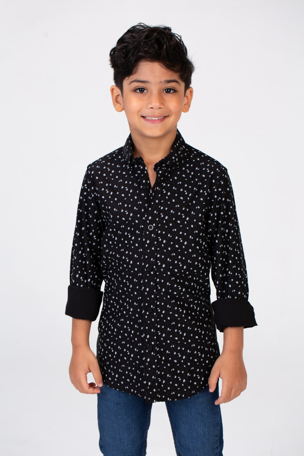 Boys Dotted Shirt With Long Sleeves And Printed Poplin Material