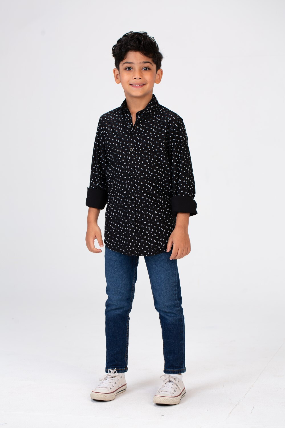 Boys Dotted Shirt With Long Sleeves And Printed Poplin Material