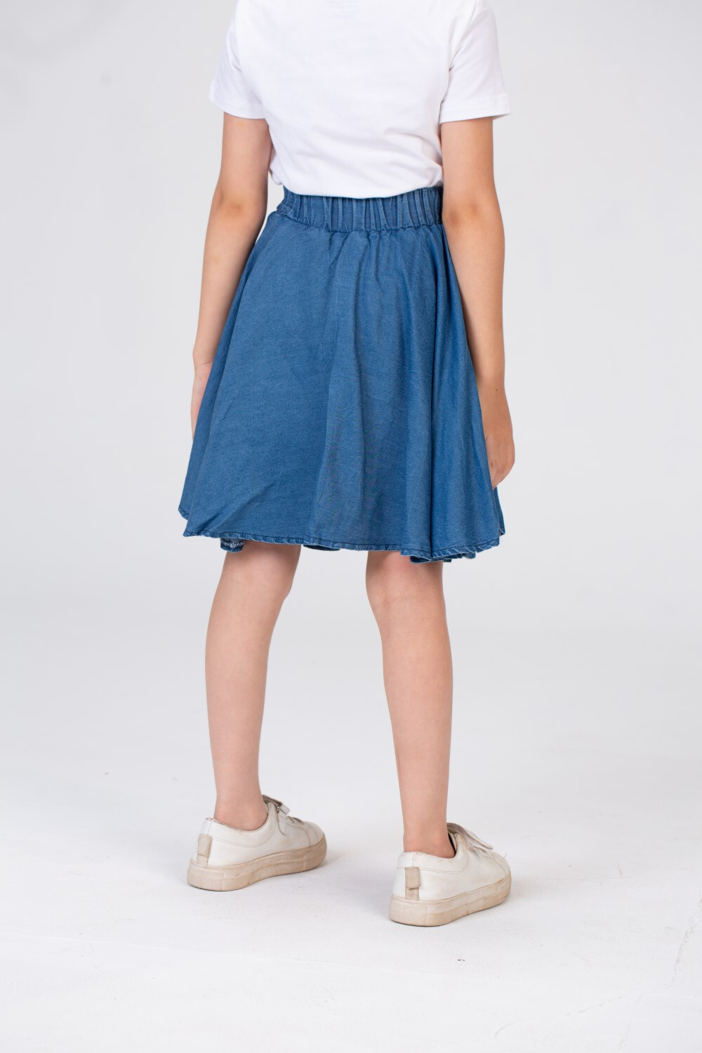 Girls Plain Elastic Waist Gabardine Skirt With A Waist Belt And A Unique Cut