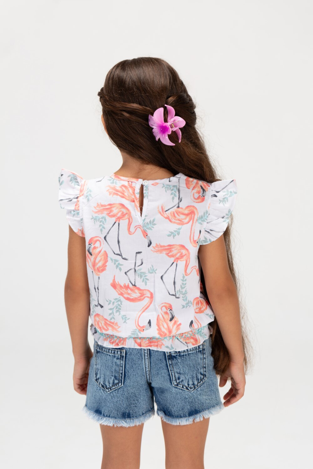 Girls Flamingo Floral Blouse With Ruffles Off The Shoulder And A Modern Cut In Orange
