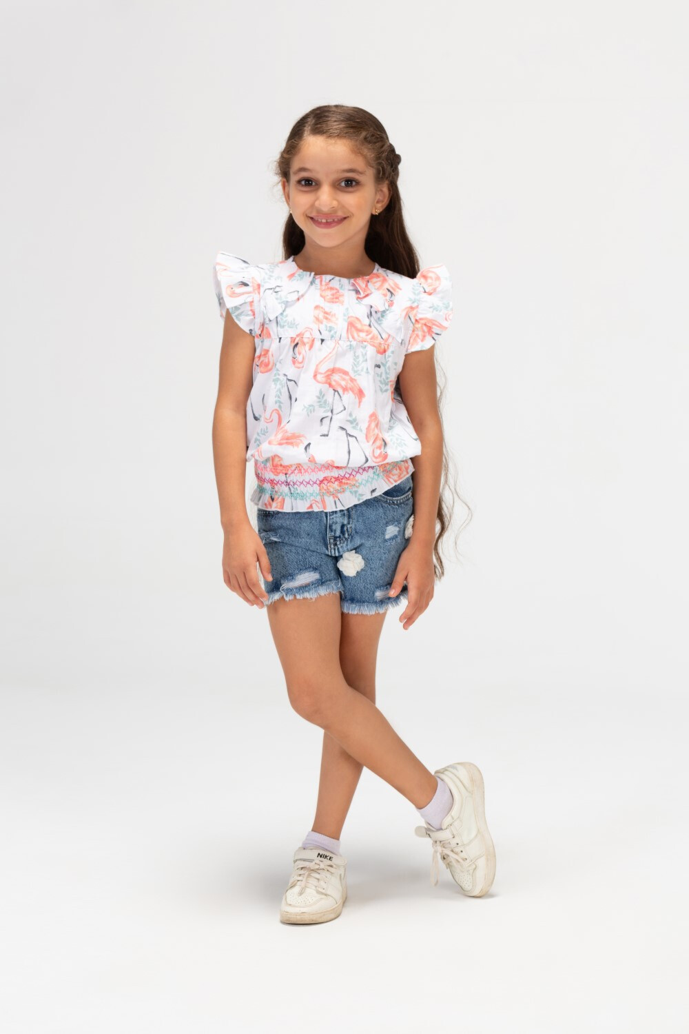 Girls Flamingo Floral Blouse With Ruffles Off The Shoulder And A Modern Cut In Orange