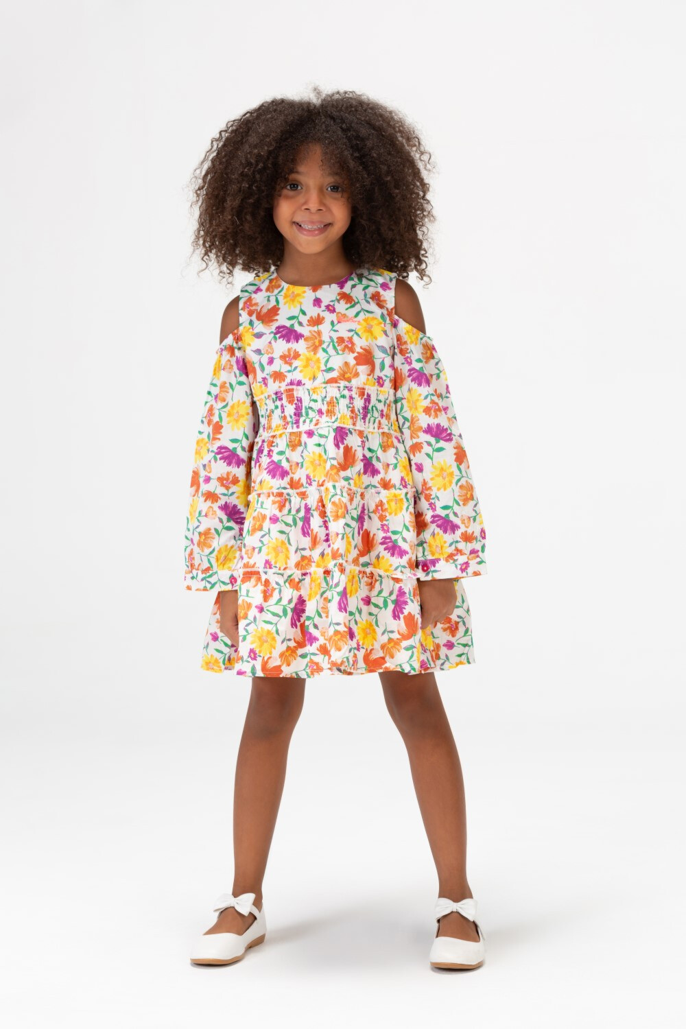 Girls Floral Round Long Sleeves Dress In White