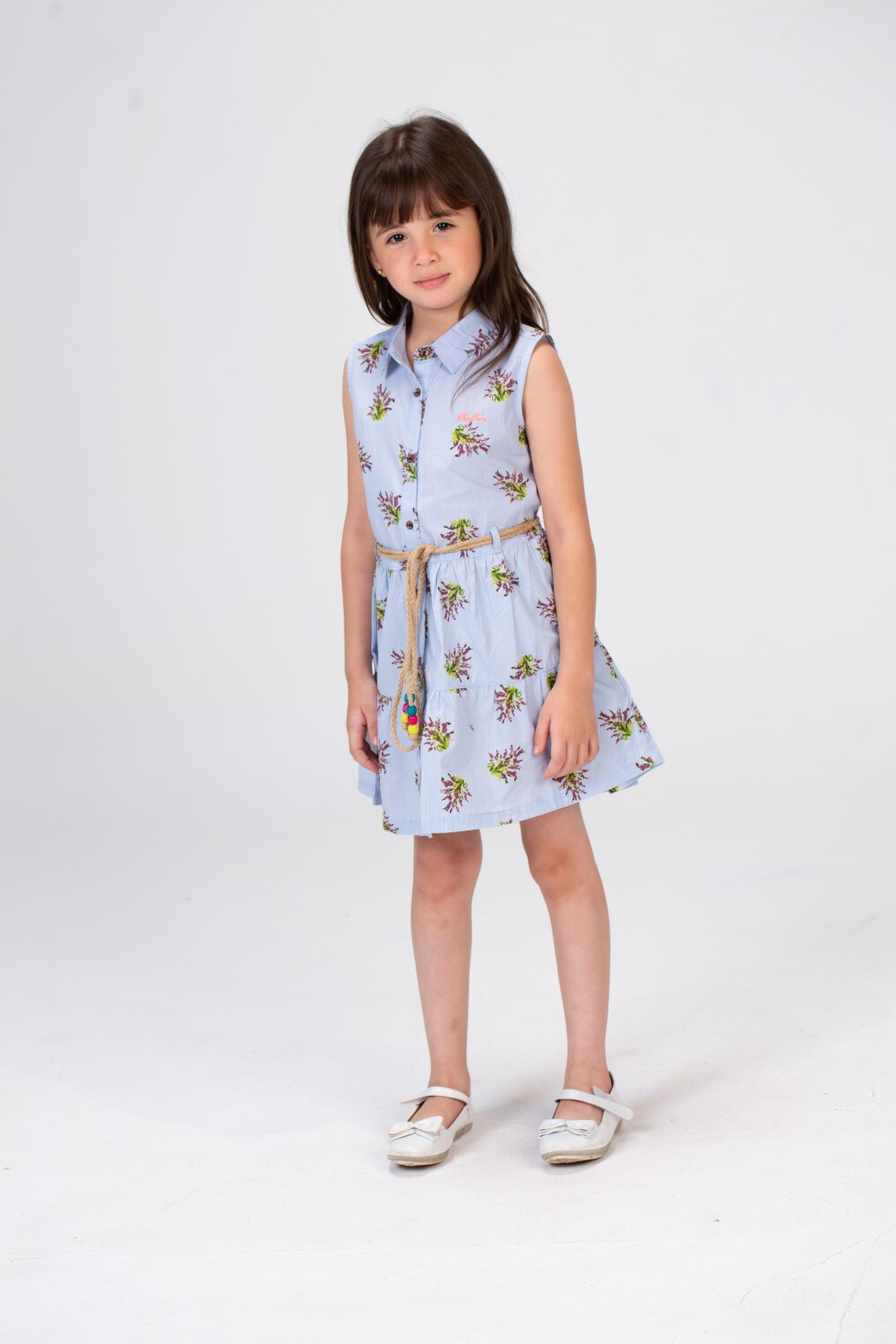 Girls Sleeveless Floral Dress With A Burlap Belt In The Middle Baby Blue