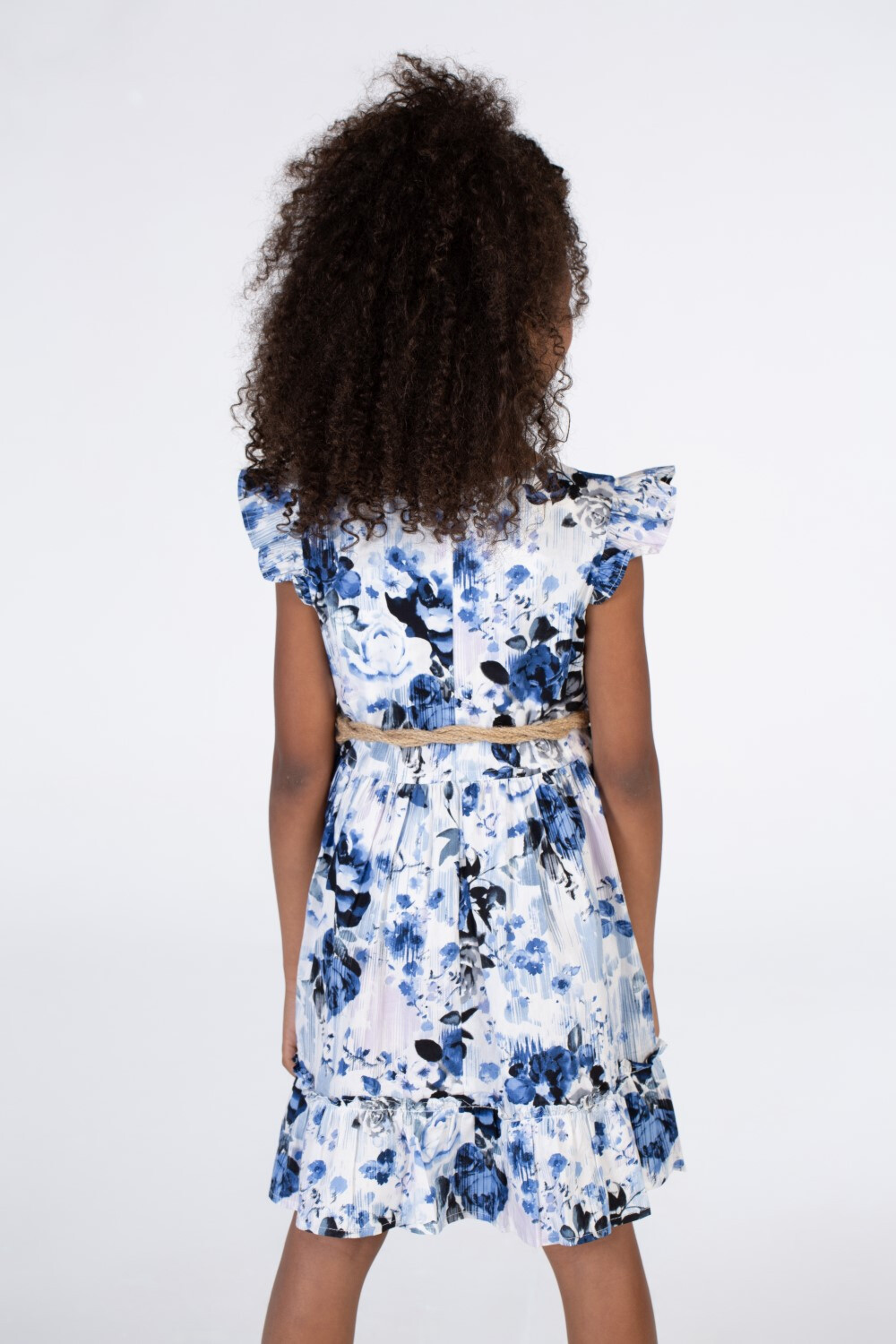 Girls Floral Cut Dress With A Round Neck And A Waist Belt In Blue