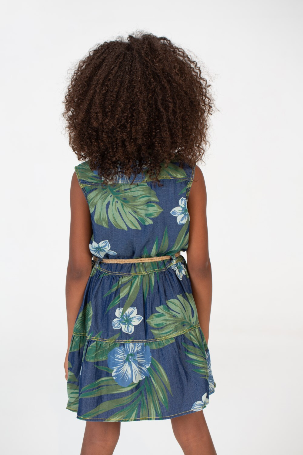 Girls Wooded Floral Dress With Drawstring At The Middle And Buttons On The Front Green