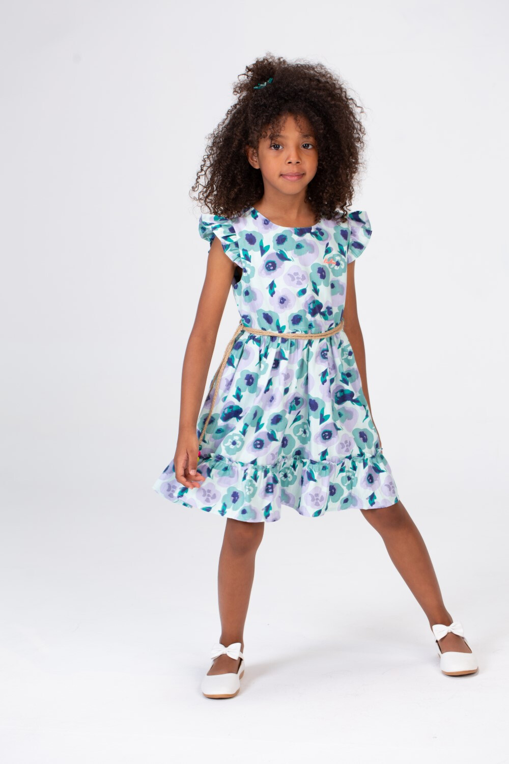 Girls Fabric Floral Dress With A Burlap Belt In The Middle And Ruffled Shoulders Green