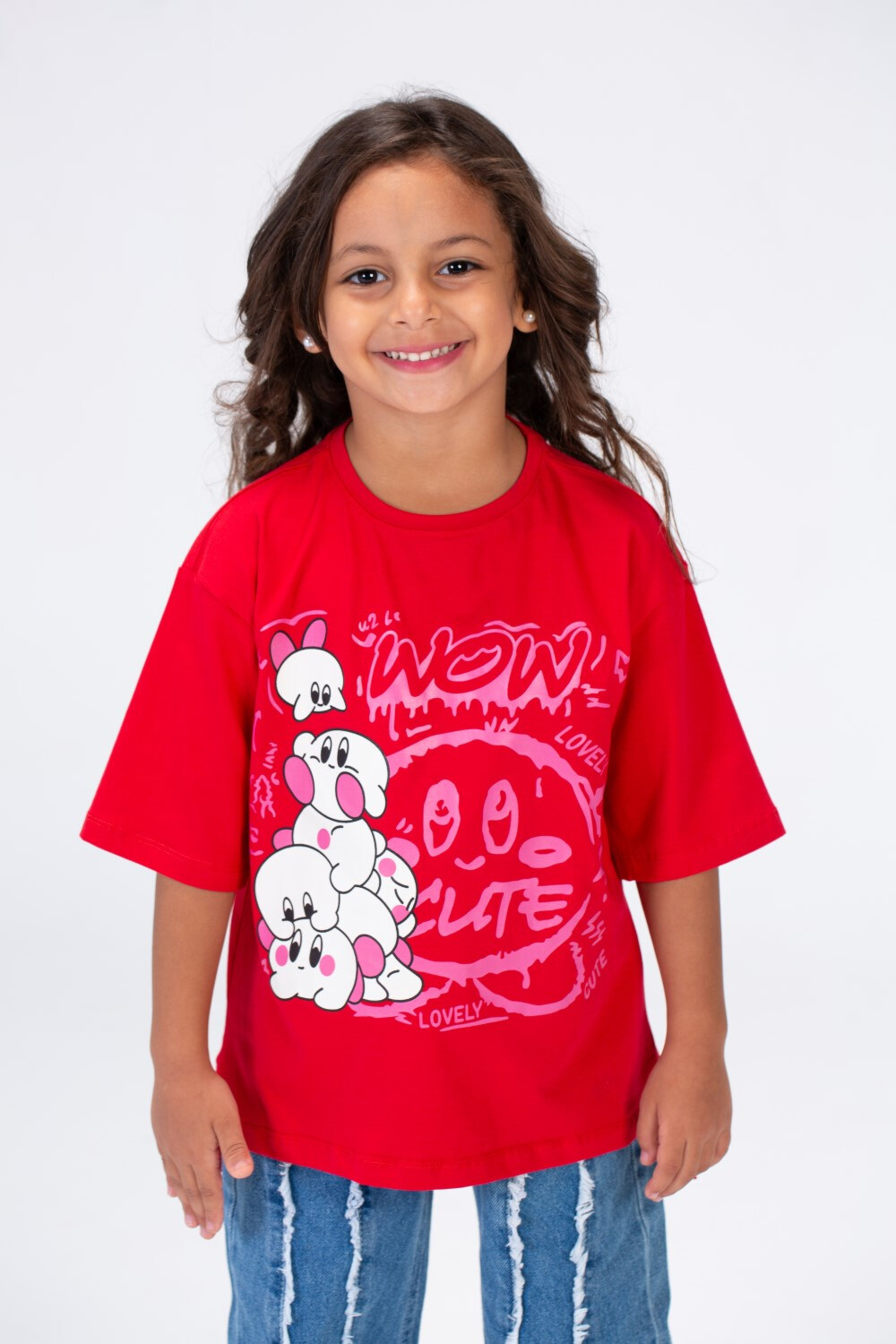 Girls Round Wide Cut Short Sleeved Printed T-shirt