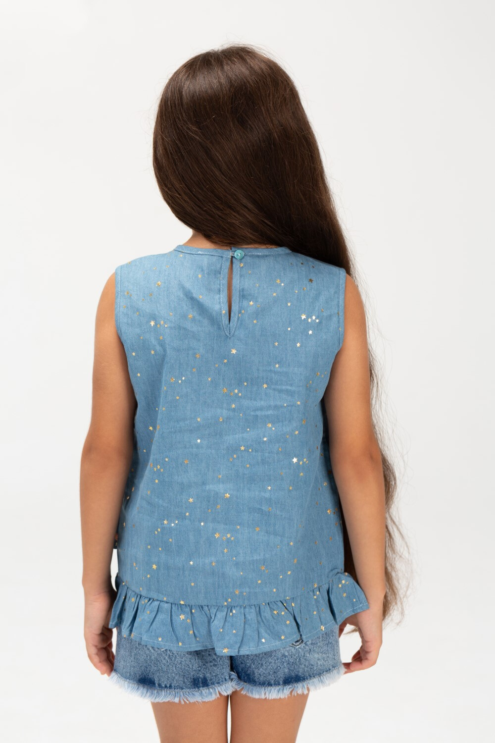Girls Sleeveless Printed Fabric Blouse With Front Buttons In Blue