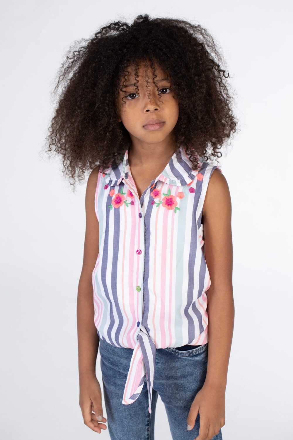 Girls Collar Striped Blouse With Front Buttons  And Floral Print