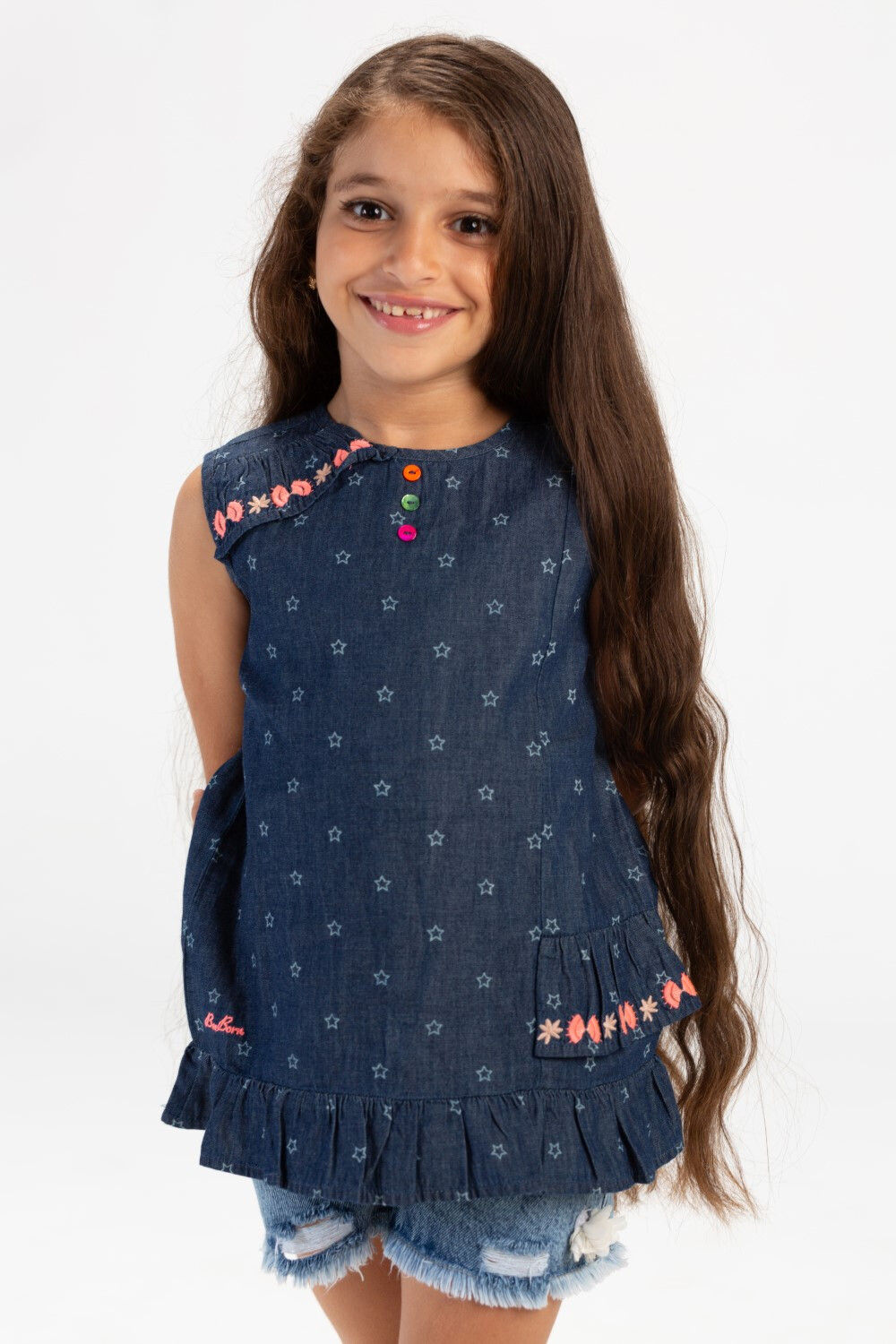 Girls Sleeveless Printed Fabric Blouse With Front Buttons In Royal Blue