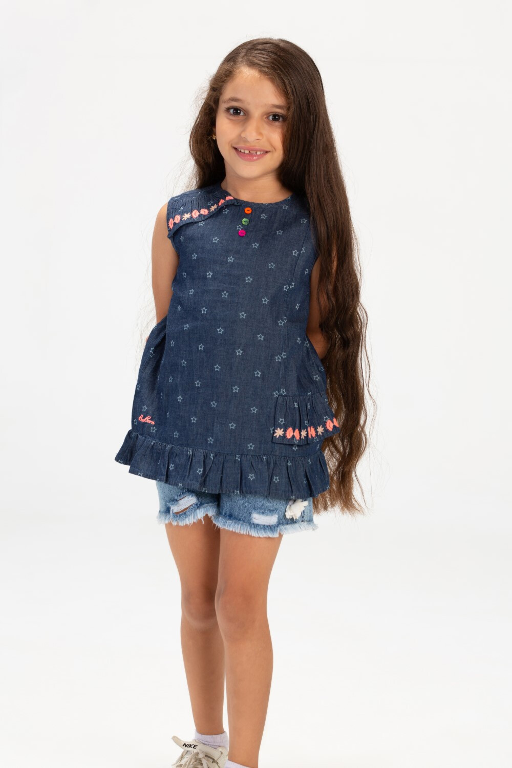 Girls Sleeveless Printed Fabric Blouse With Front Buttons In Royal Blue