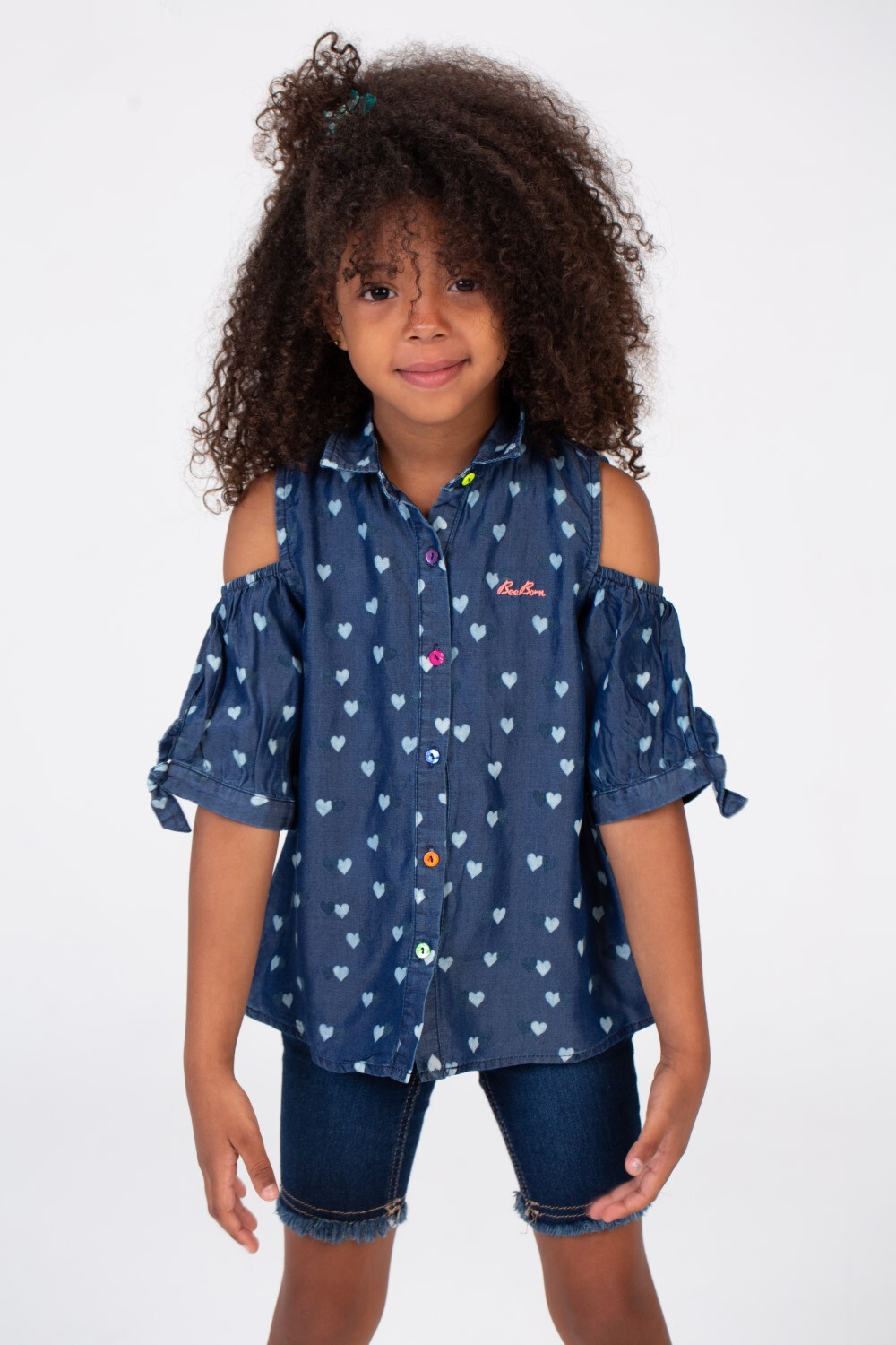 Girls Off-Shoulders Blouse With Heart Print And Colorful Front Buttons