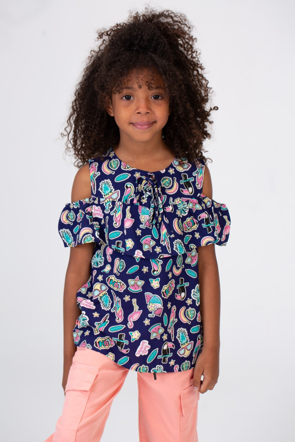 Girls Off Shoulders Blouse Printed In Navy Blue