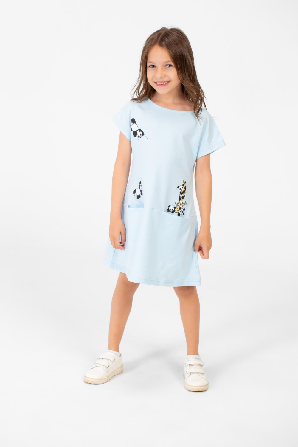 Girl's Panda Print Front Pockets Round Neck Short Sleeves Dress