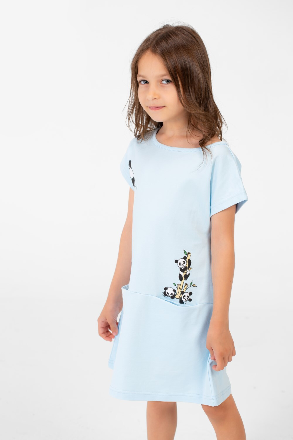 Girl's Panda Print Front Pockets Round Neck Short Sleeves Dress