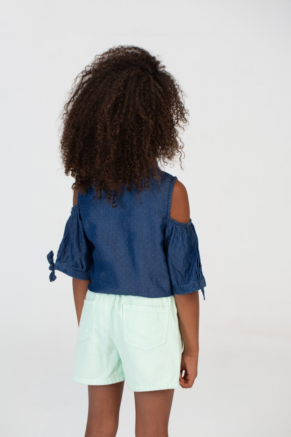 Girls Doted Knee Length Cotton Fabric Cut Blouse In D.blue