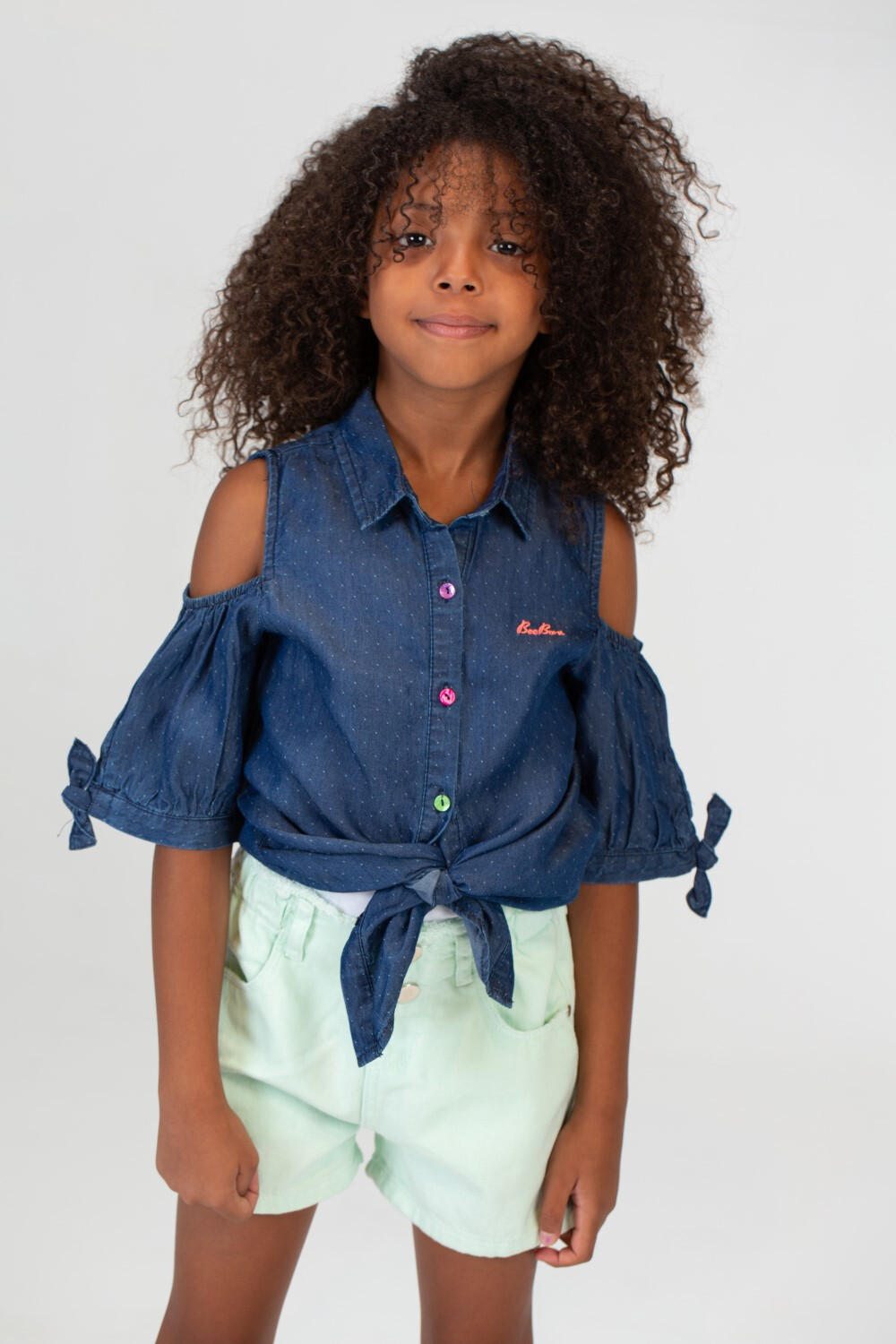 Girls Doted Knee Length Cotton Fabric Cut Blouse In D.blue