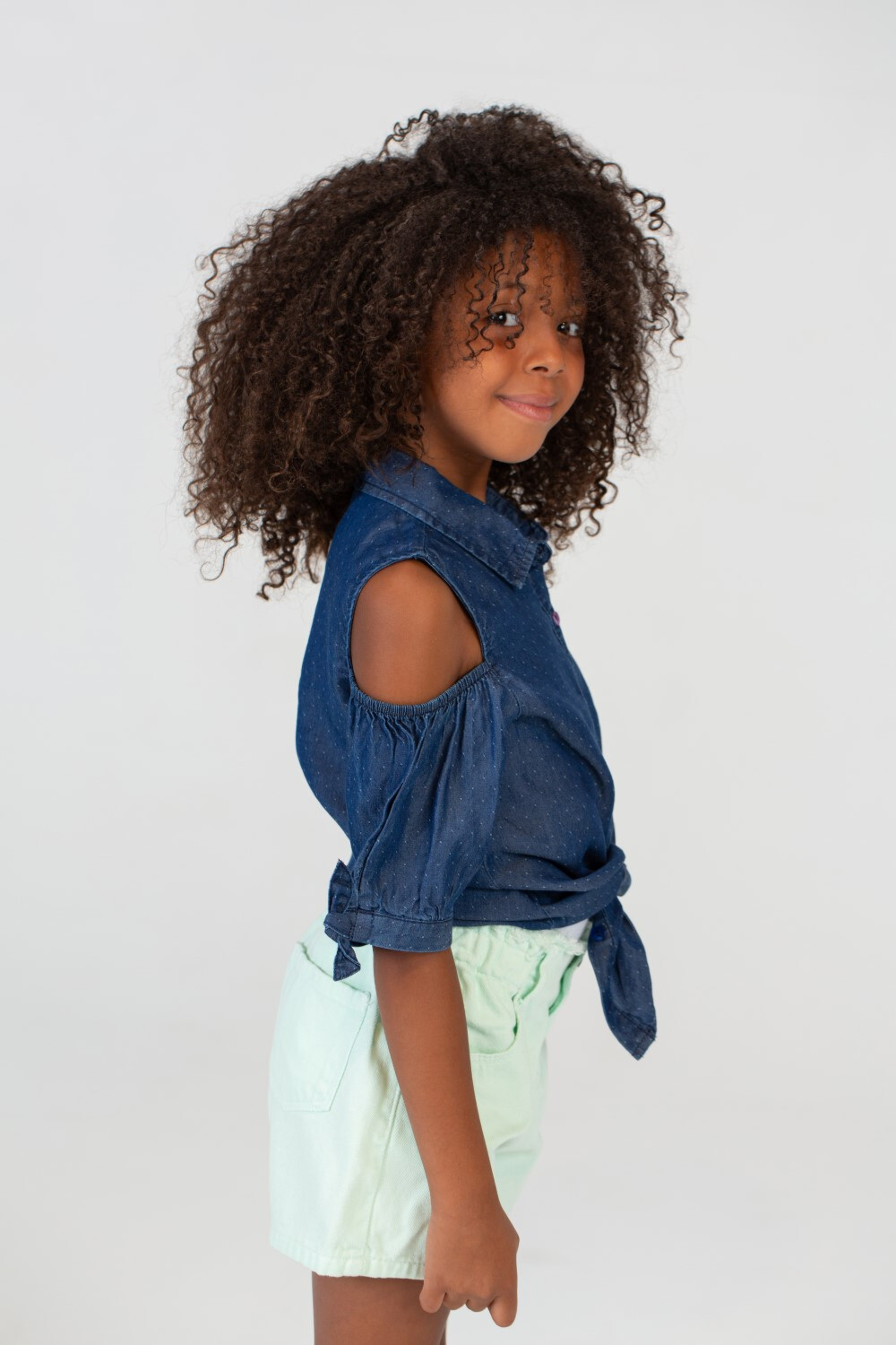 Girls Doted Knee Length Cotton Fabric Cut Blouse In D.blue