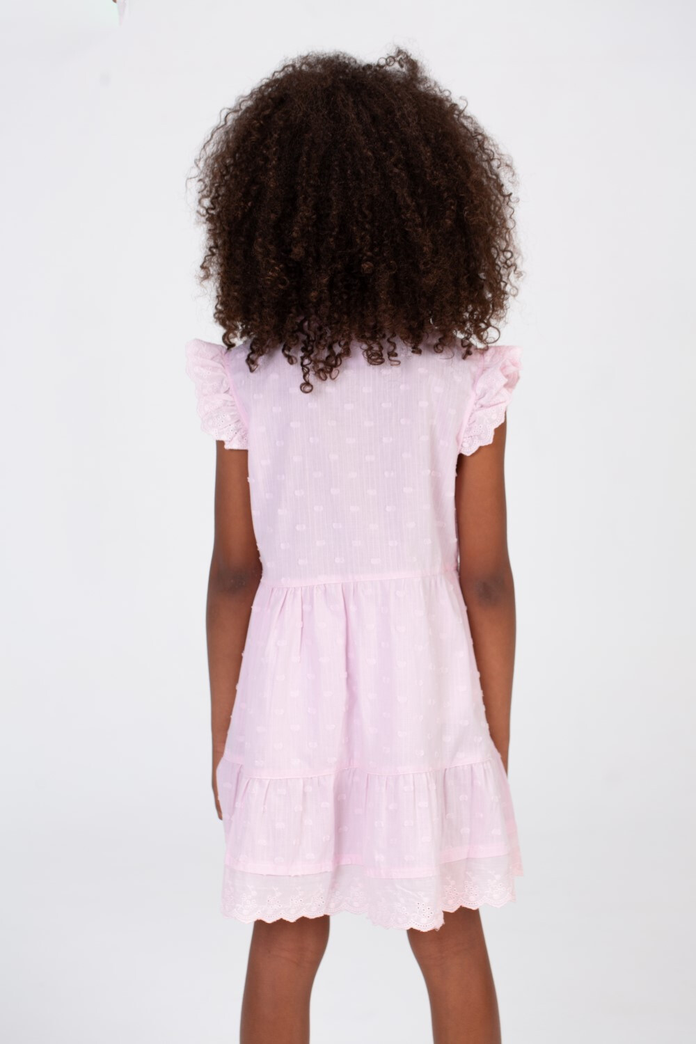 Girls Floral Jacar Dress With Off The Shoulder Ruffles And Colorful Buttons On The Front