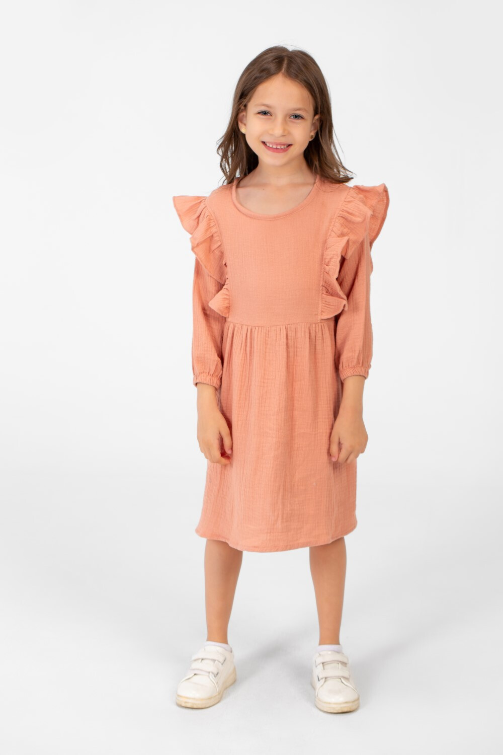 Girl's Basic Back Half Buttons Long Sleeves Dress In A Modern Cut
