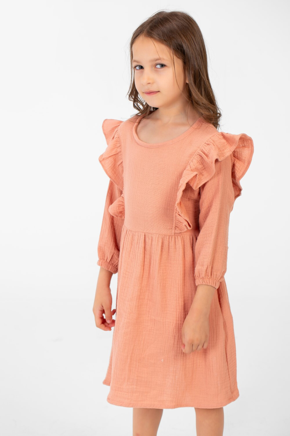 Girl's Basic Back Half Buttons Long Sleeves Dress In A Modern Cut