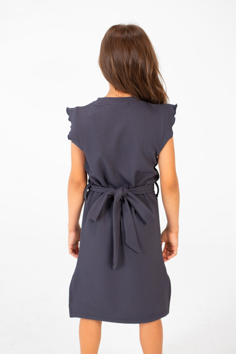 Girl's Basic Fabric Dress With A Shoulder Frill And Middle Strap