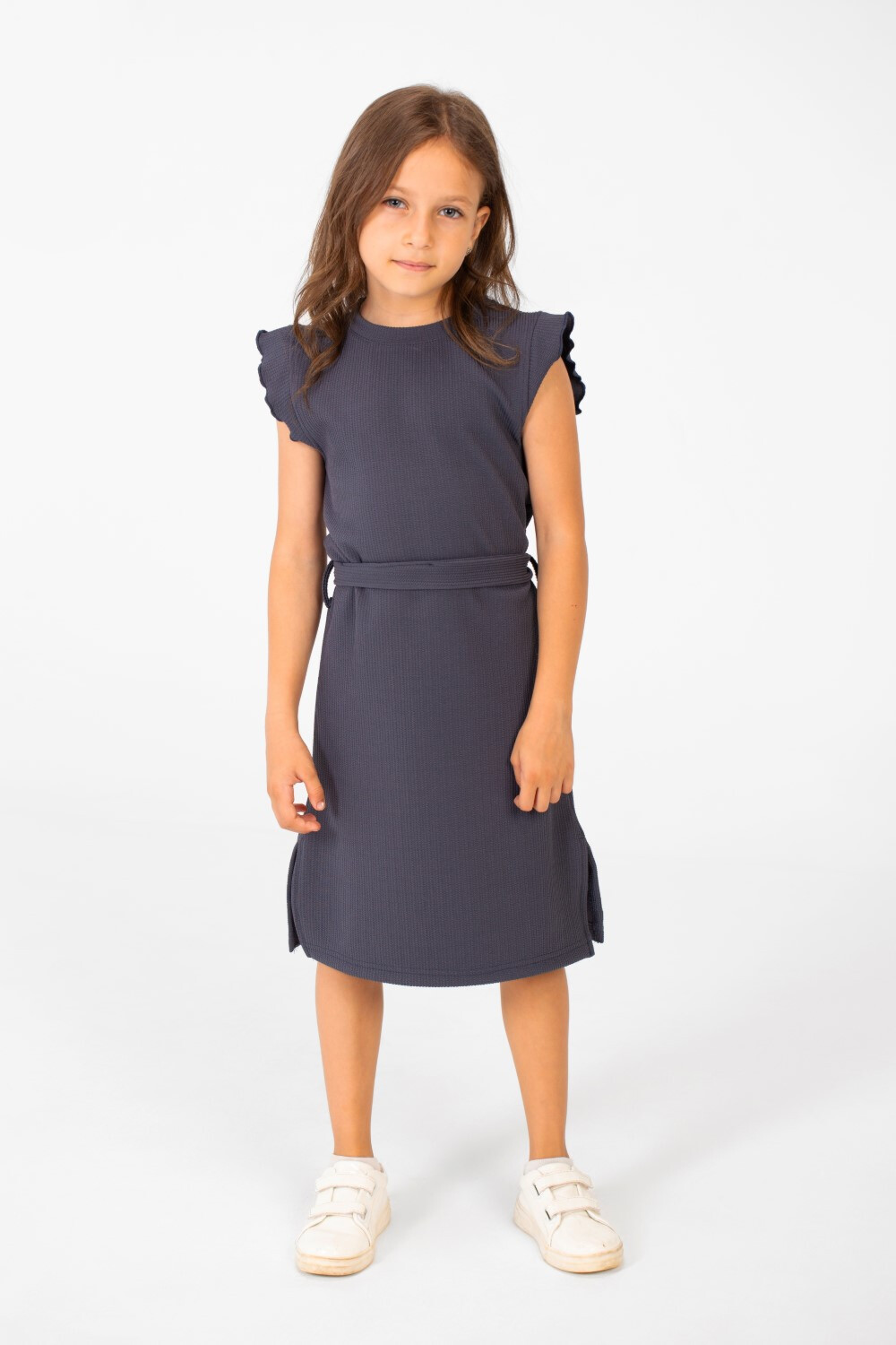 Girl's Basic Fabric Dress With A Shoulder Frill And Middle Strap
