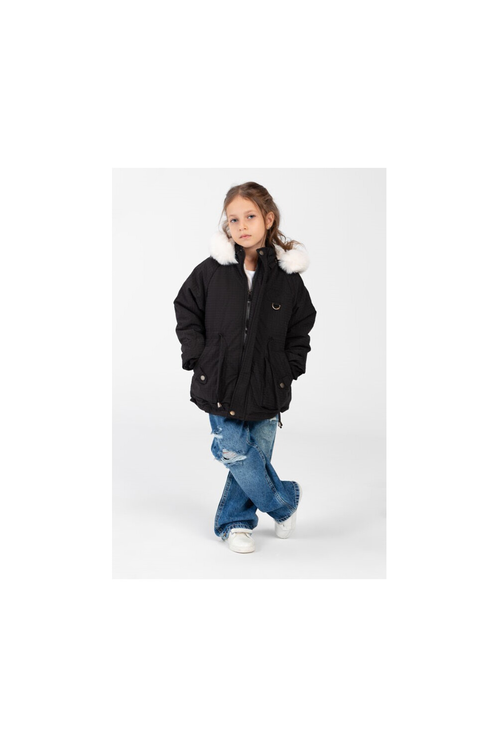 Girl's Gabardine Fur Hood Jacket With Full Zip