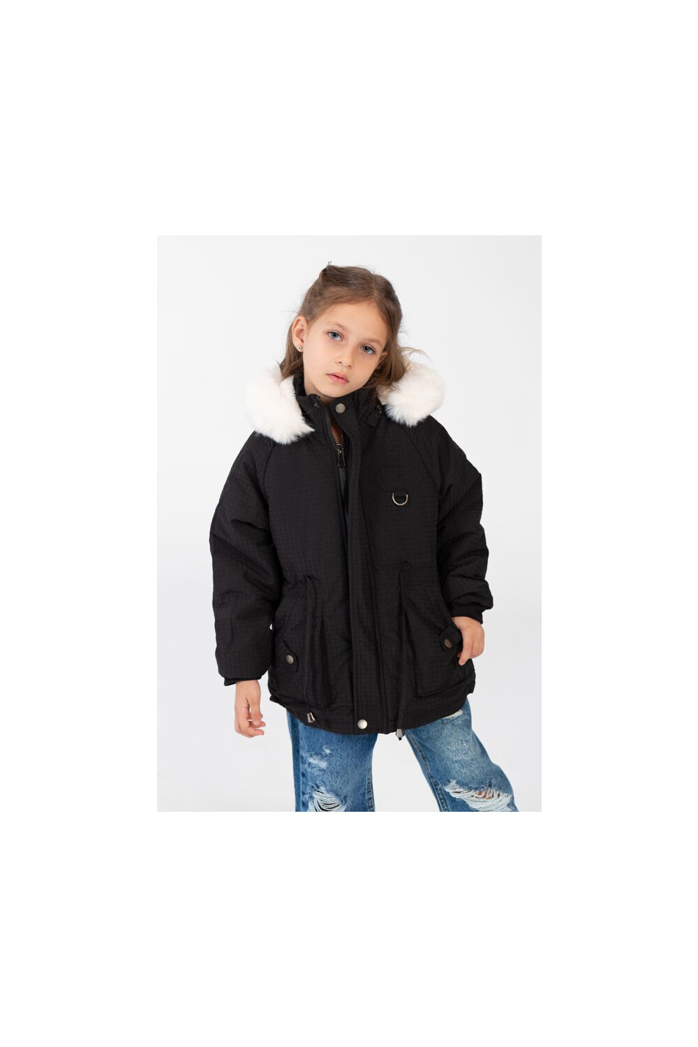 Girl's Gabardine Fur Hood Jacket With Full Zip