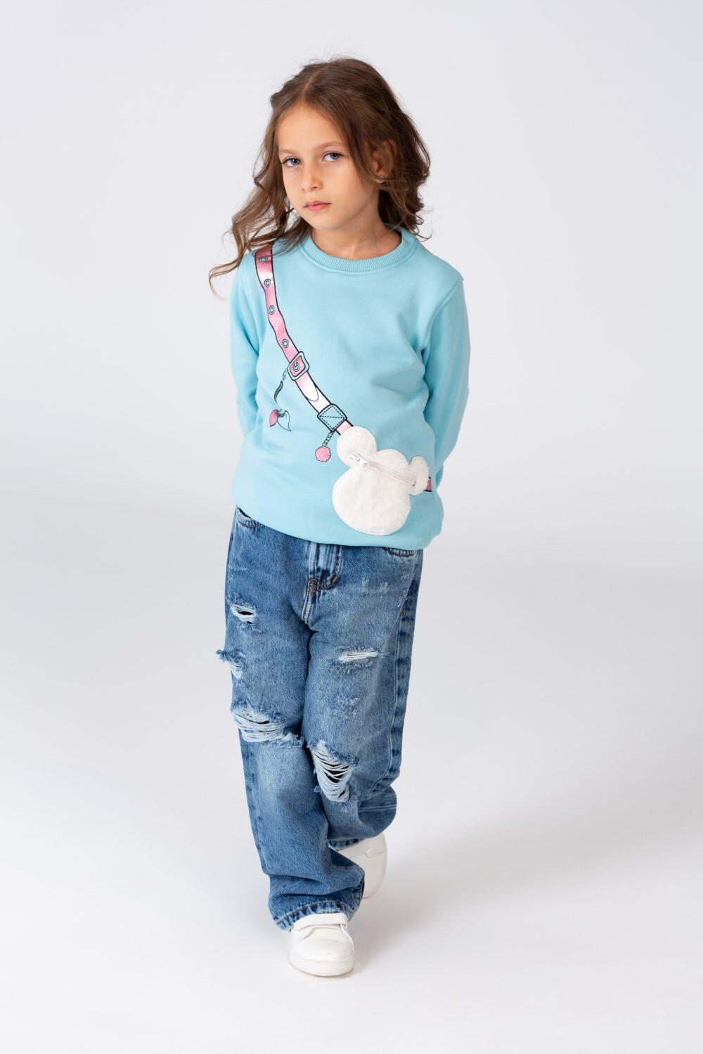 Girl's Round Neck Sweatshirt Printed In Melton Material With A Distinctive Front Pocket