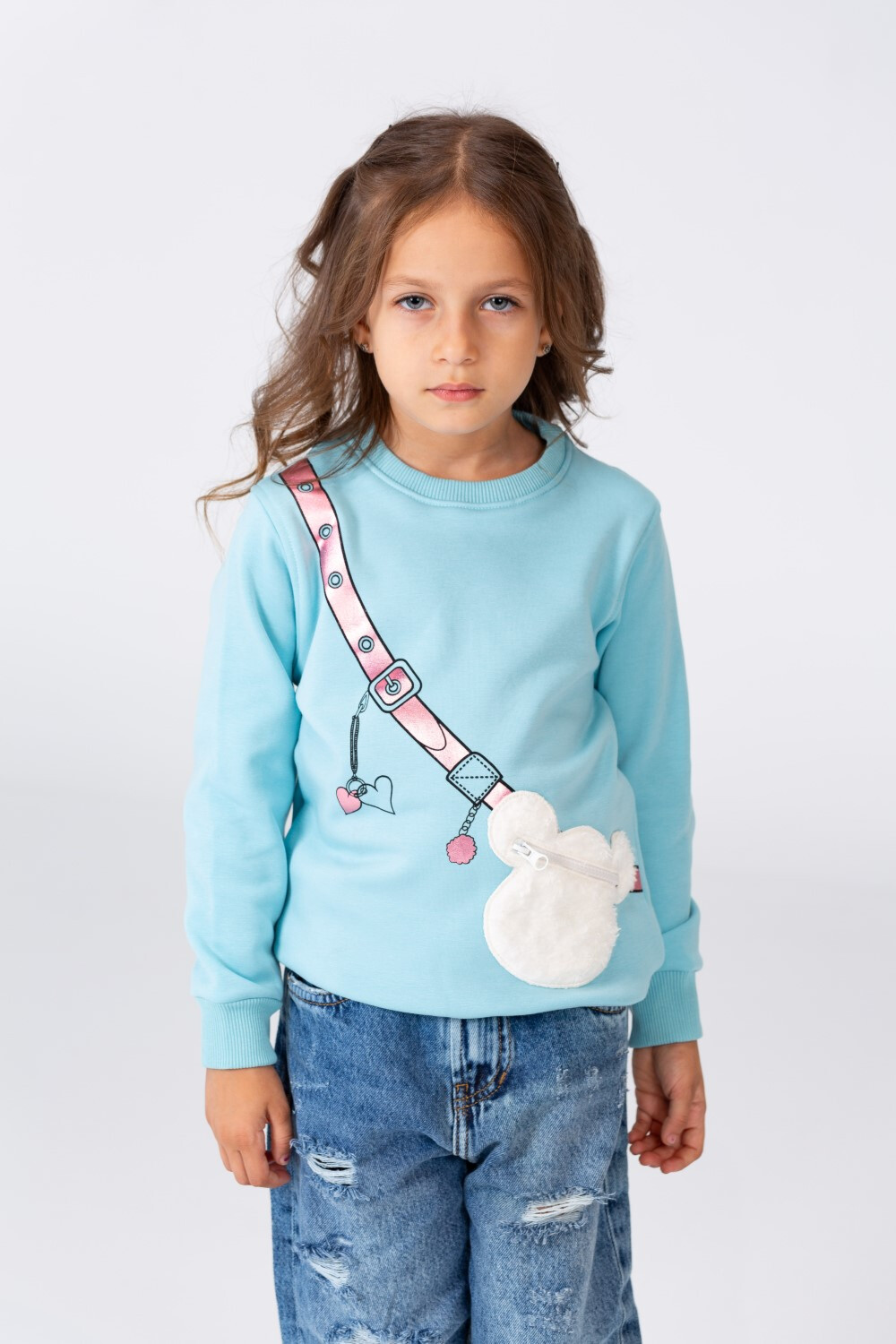 Girl's Round Neck Sweatshirt Printed In Melton Material With A Distinctive Front Pocket