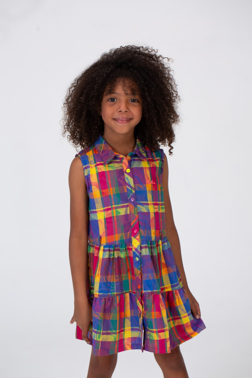 Girls Checkered Purple Cut Dress With A Collar And Colorful Front Buttons