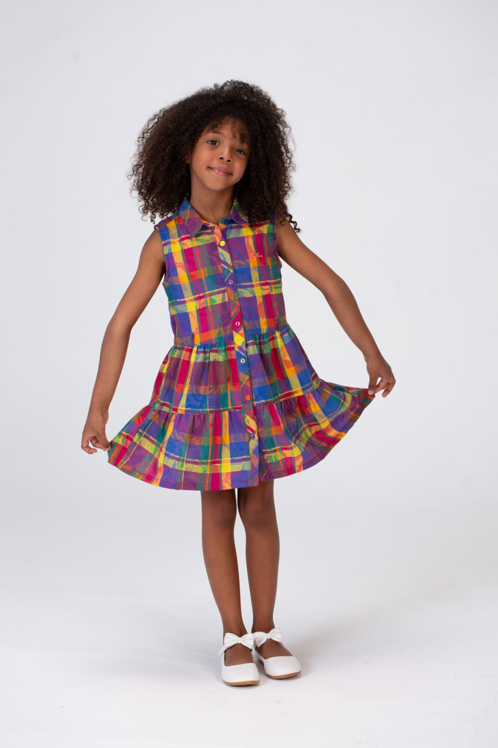 Girls Checkered Purple Cut Dress With A Collar And Colorful Front Buttons