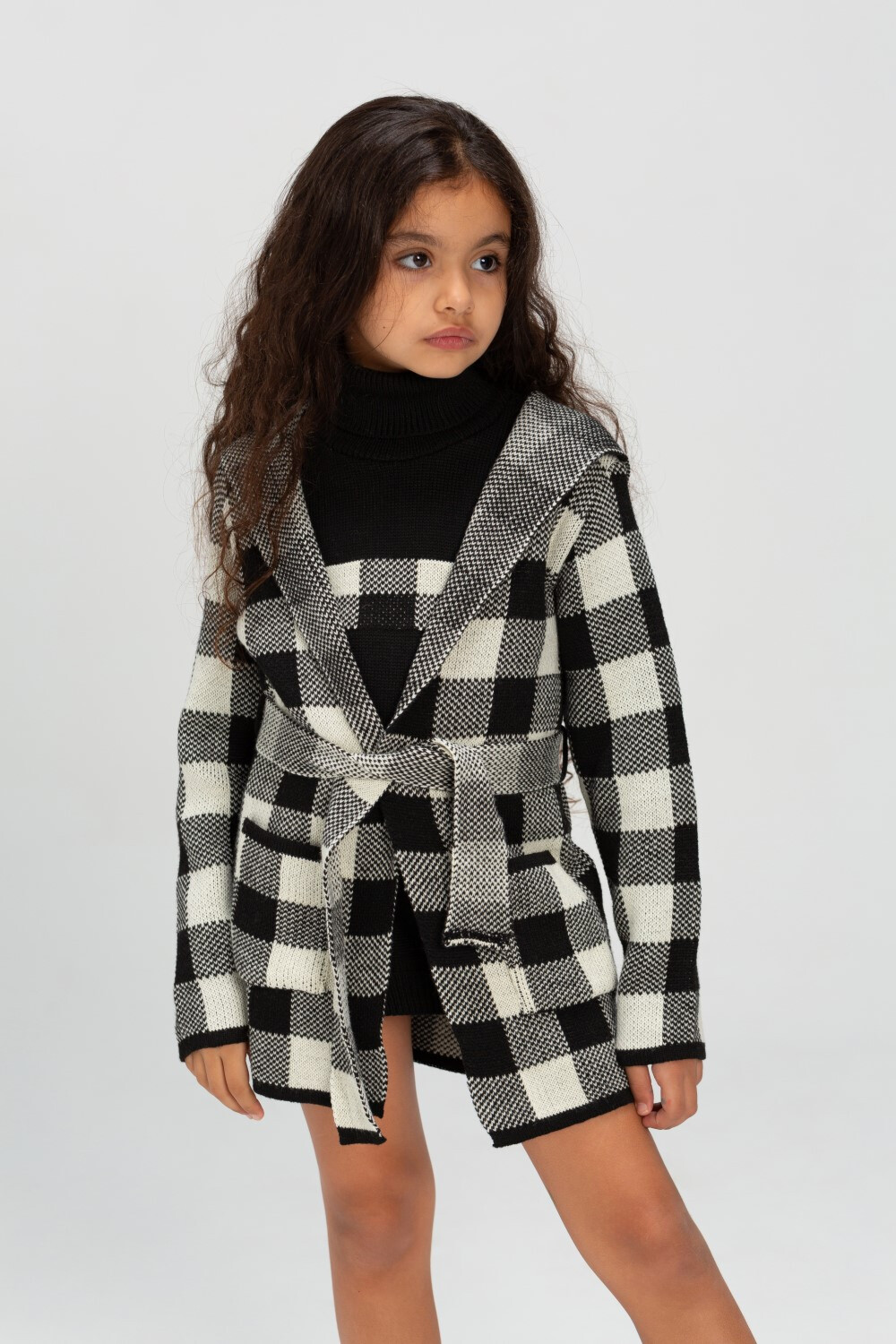 Girl's Long Sleeve Basic Regular Fit High Neck Checked Outfit With Unqiue Design