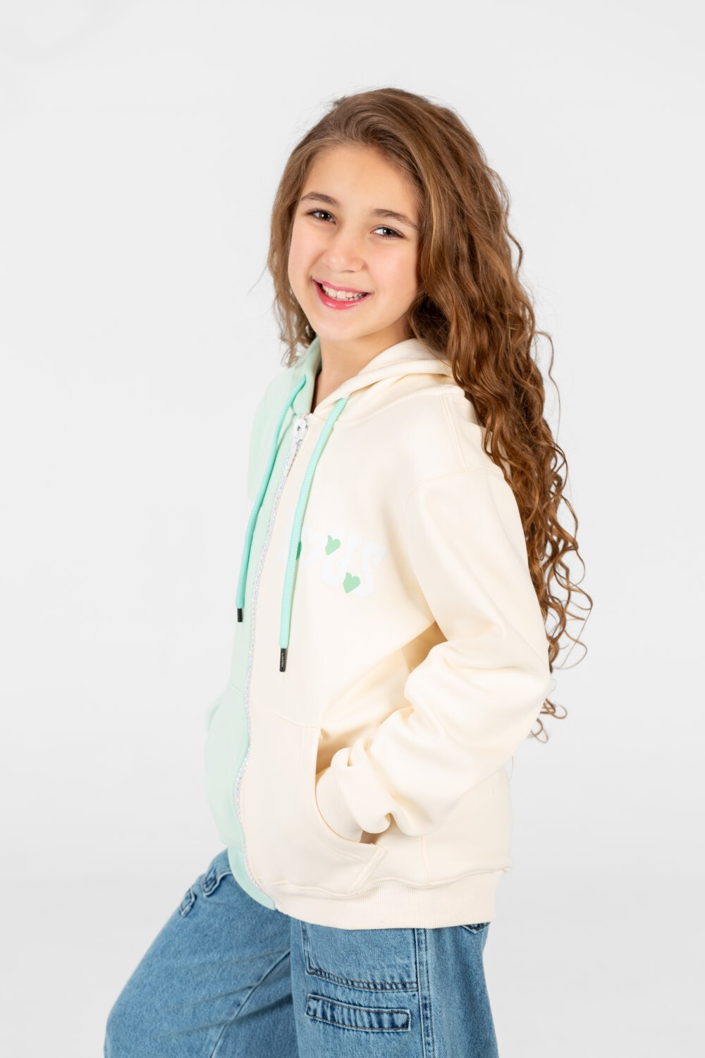 Girl's full zip half & half Hood sweatshirt 