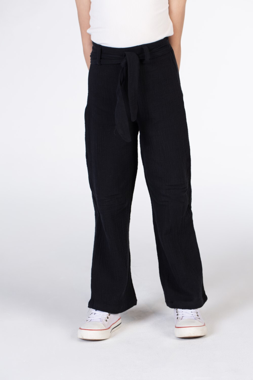 Girls Long Linen Trousers With A Waist Belt And Basic Colors